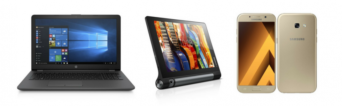 notebook HP, tablet Lenovo Yoga Tab 3, mobil Samsung Galaxy A5